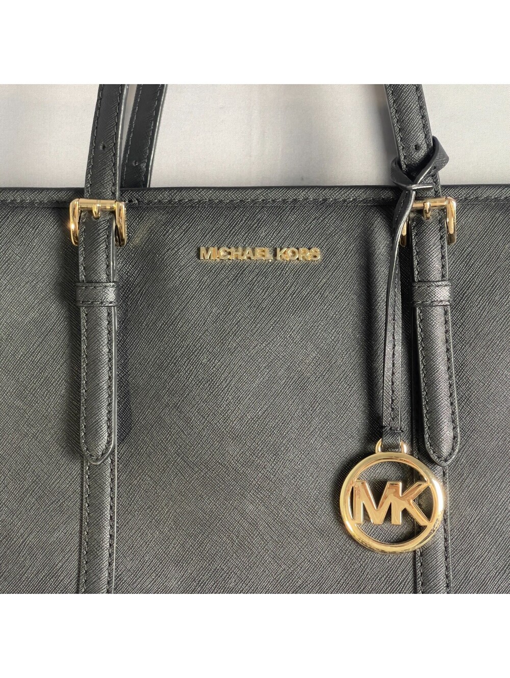 Michael Kors Jet Set Travel Large Black Saffiano Leather Top Zip Tote MK Charm
